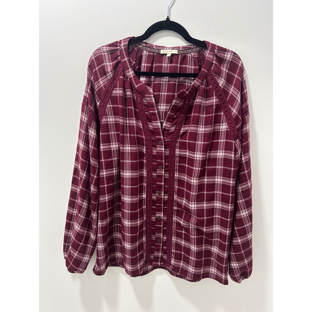 Kate & Sam Burgundy Plaid Crochet Trim Blouse Womens XL Long Sleeve Button Front